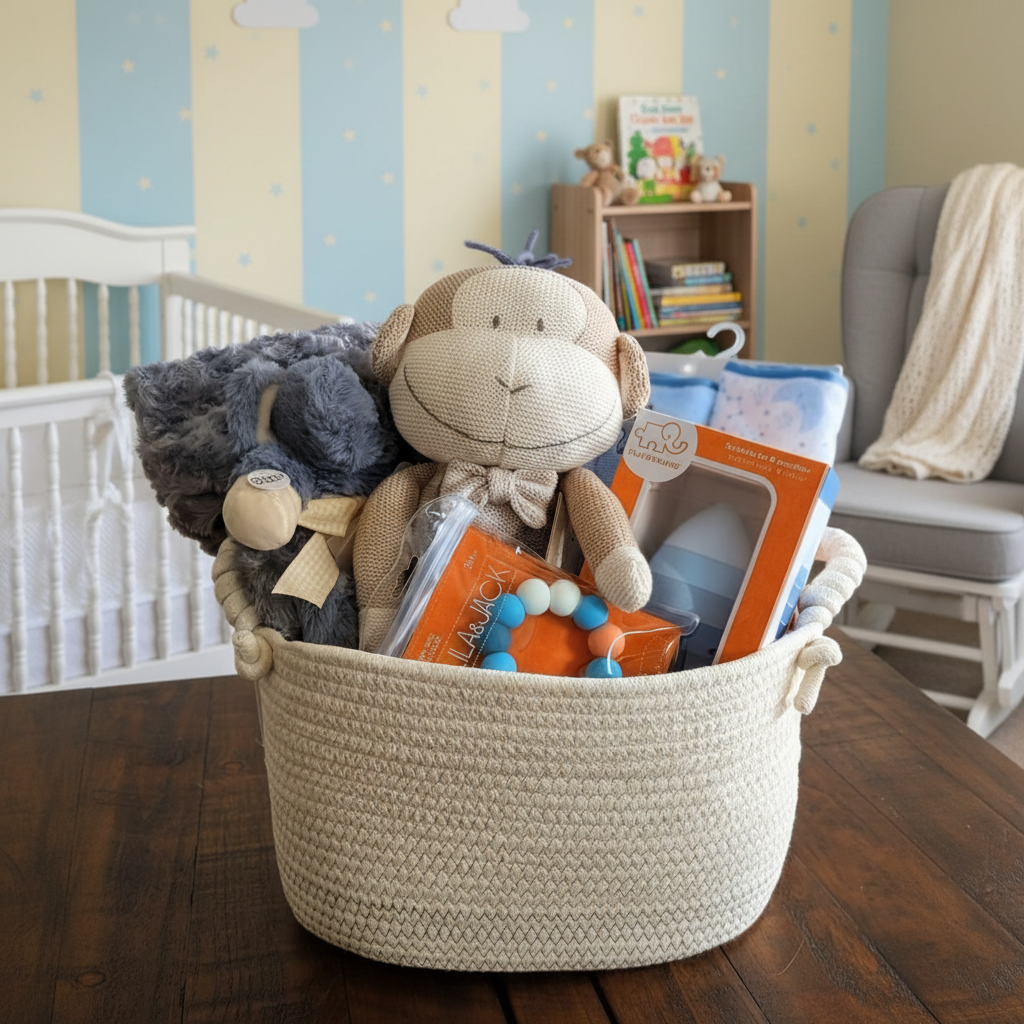 Baby gift basket with nursery background