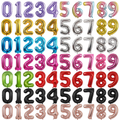 Illustrative assortment of colourful metallic foil number balloons on a white background