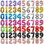 Illustrative assortment of colourful metallic foil number balloons on a white background