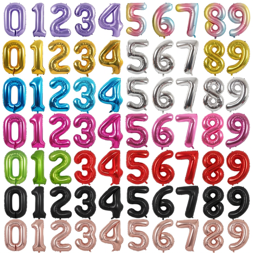Illustrative assortment of colourful metallic foil number balloons on a white background