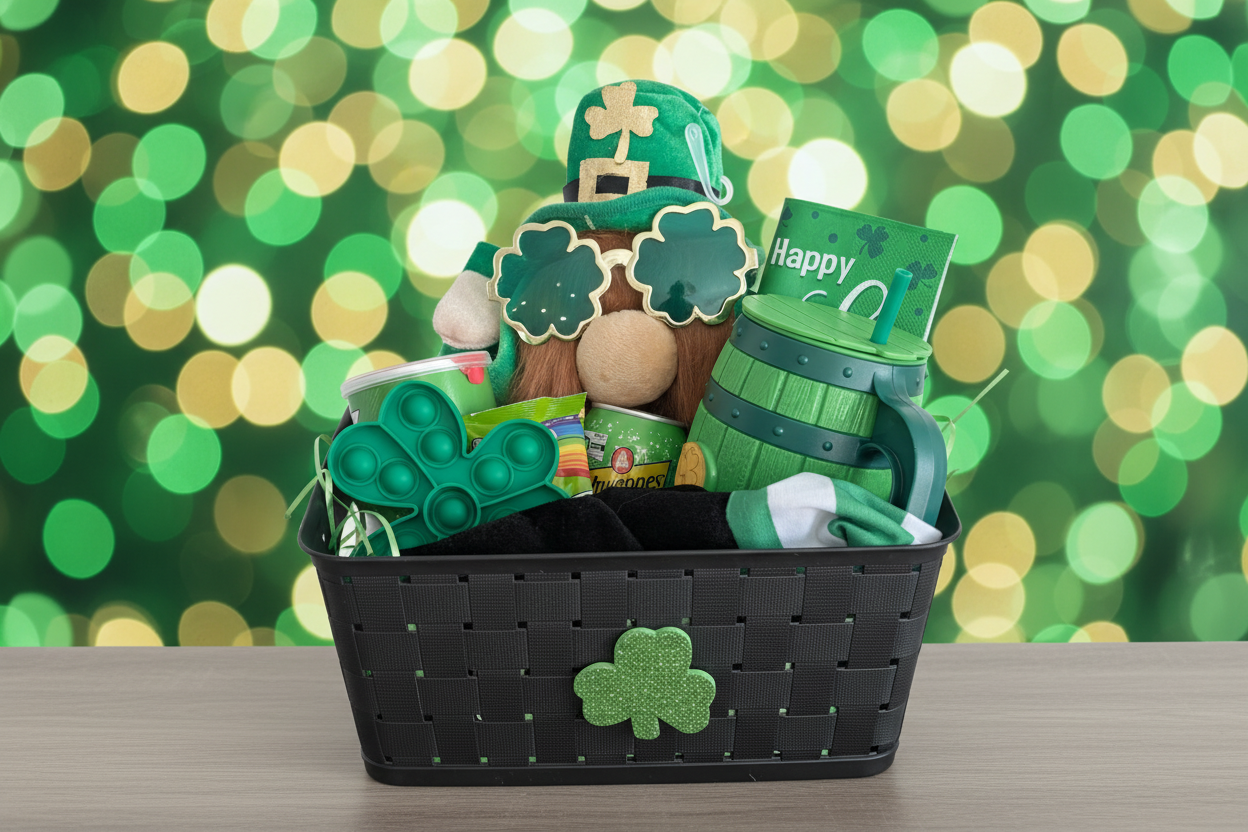 Lucky Charm St. Patrick's Day Gift Basket with shamrock decorations and festive treats