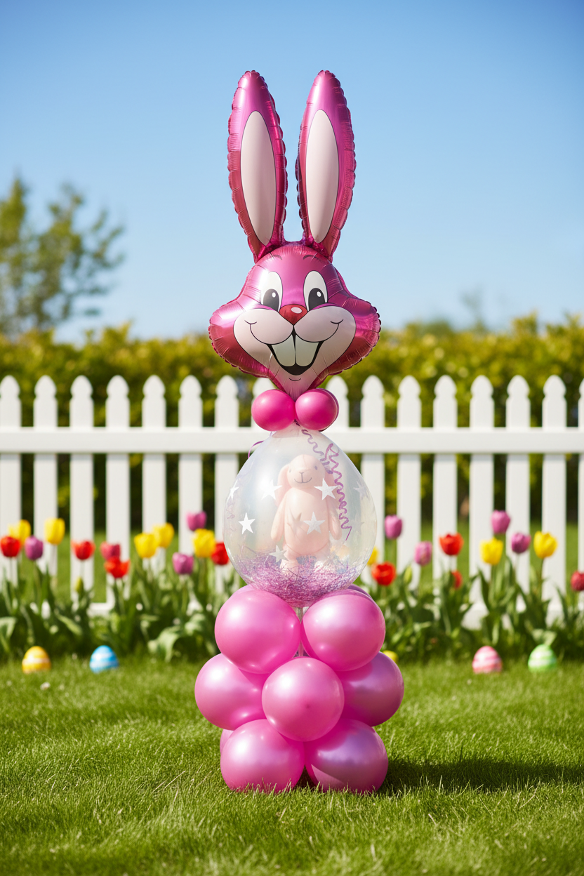 Pink Easter balloon bunny arrangement with outdoor garden background